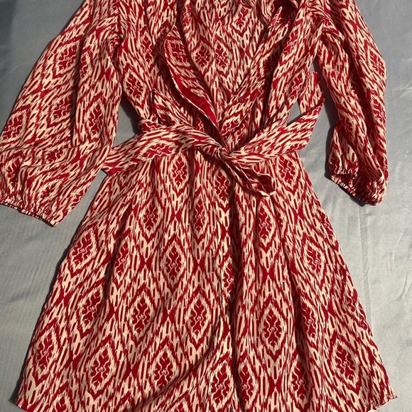 Anthropologie Maeve Red and White Mini Dress with Tie Front and V-Neck - Picture 8 of 13